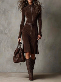 Roweno Brown Vintage Zipper Belted Midi Dress (Includes belt)