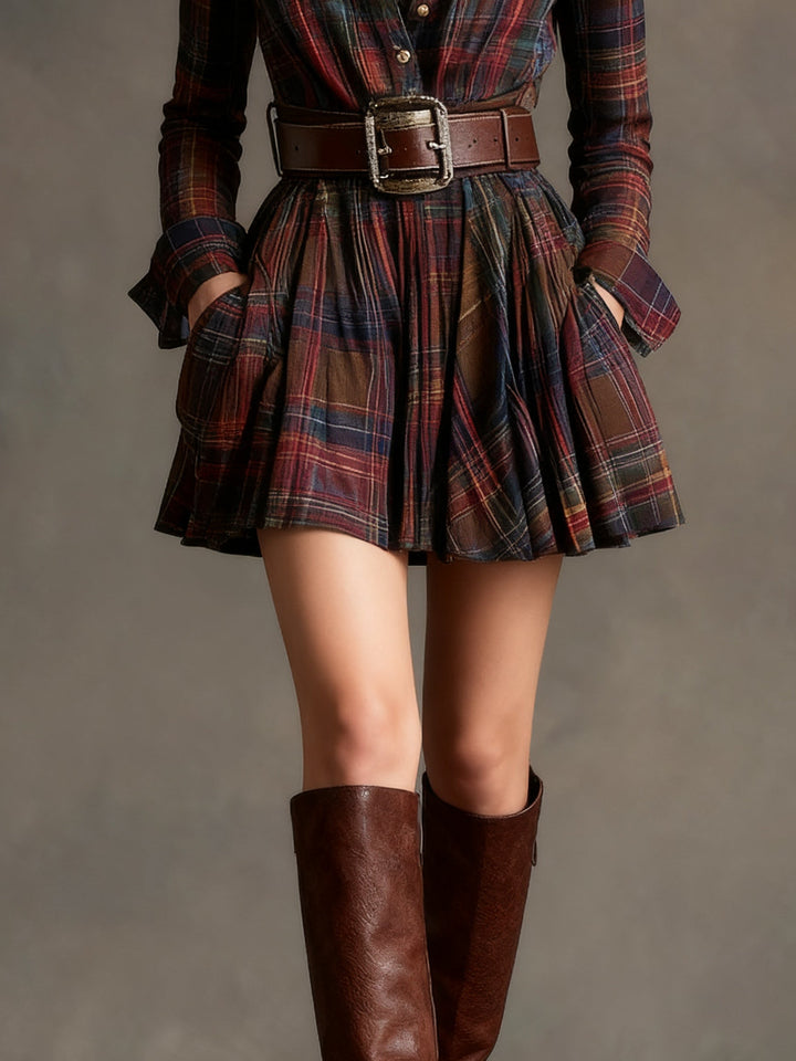 Robe Mini Vintage à Carreaux Rouges et Marron (Comprend une ceinture)