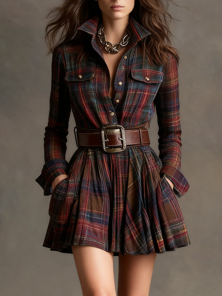 Robe Mini Vintage à Carreaux Rouges et Marron (Comprend une ceinture)