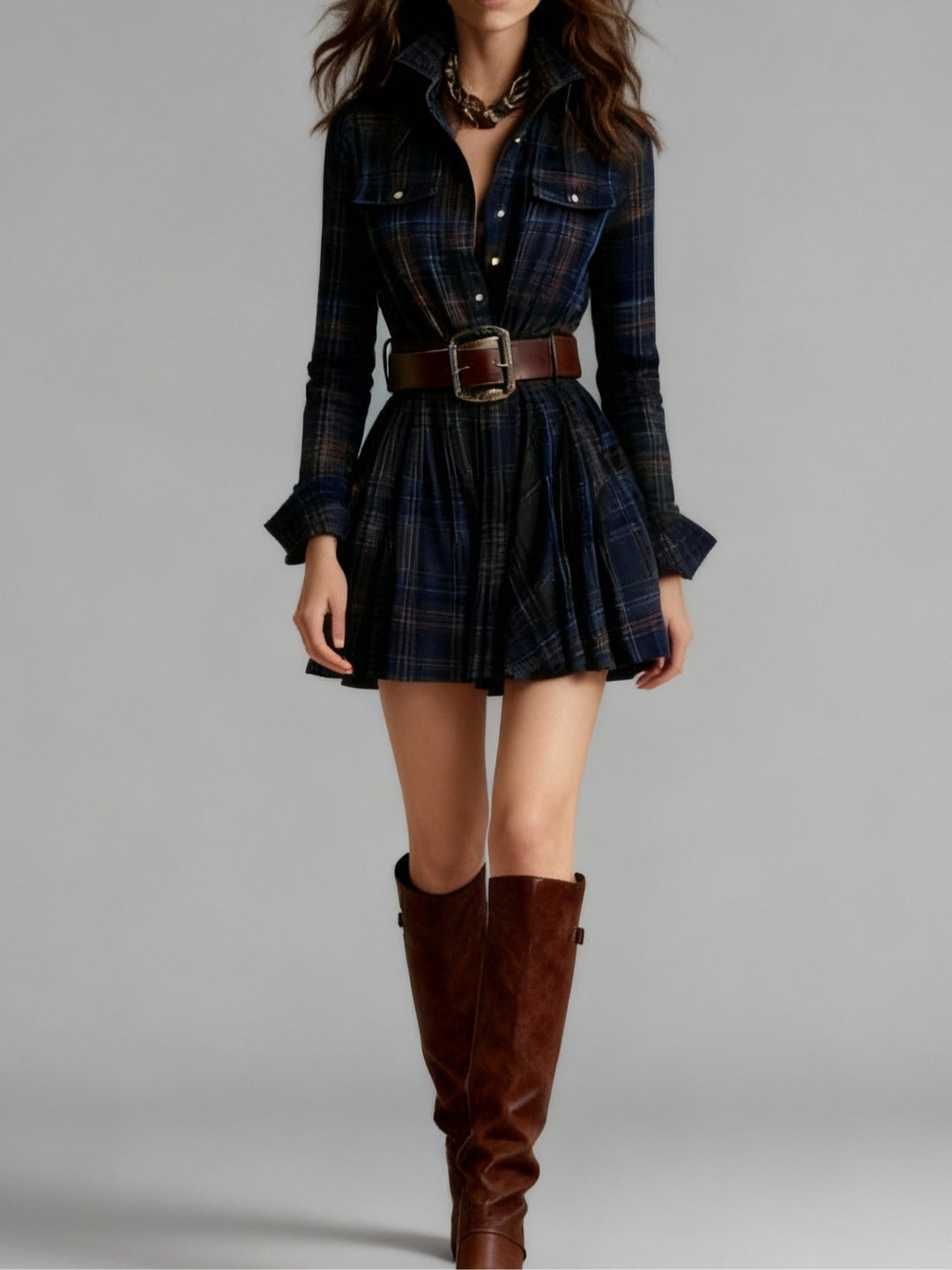 Robe Mini Vintagée à Carreaux Rouges et Marron (Inclut une Ceinture)