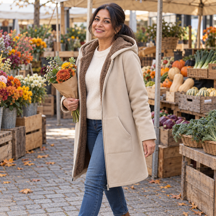 Josefin sherpa-lined hooded coat in Beige