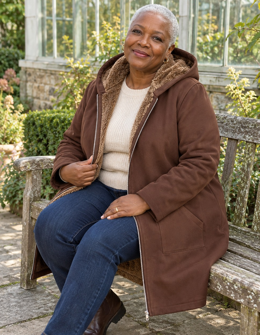 Josefin sherpa-lined hooded coat in Coffee Brown