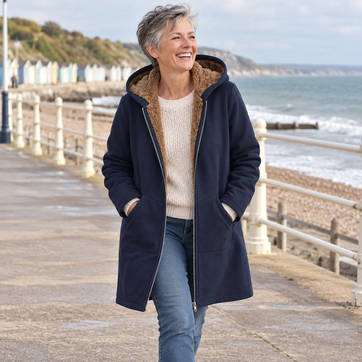 Josefin sherpa-lined hooded coat in Navy