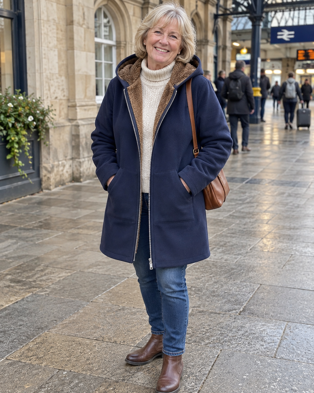 Josefin sherpa-lined hooded coat in Navy