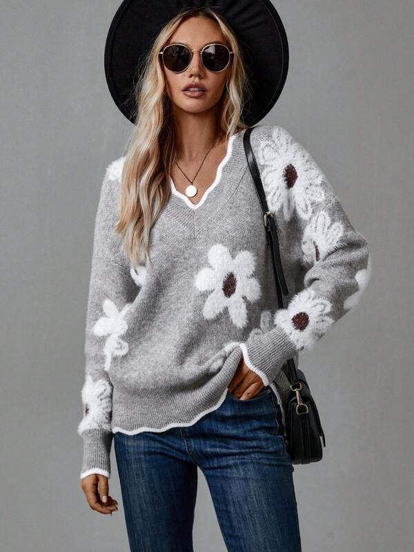Karissa floral V-neck jumper in Grey