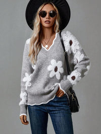 Karissa | Ladies Grey Floral V-Neck Jumper