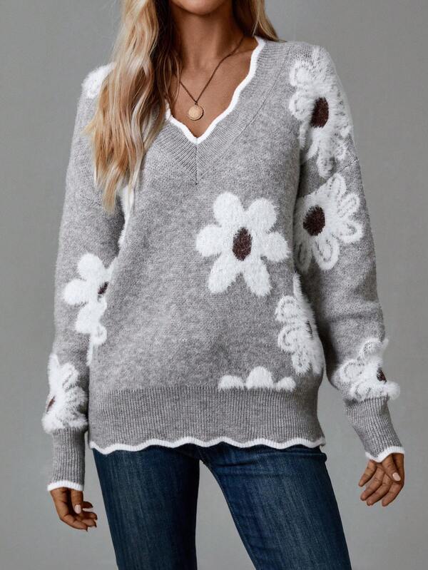 Karissa floral V-neck jumper in Grey