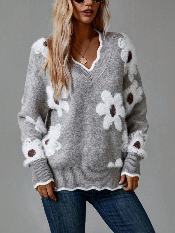 Karissa floral V-neck jumper in Grey