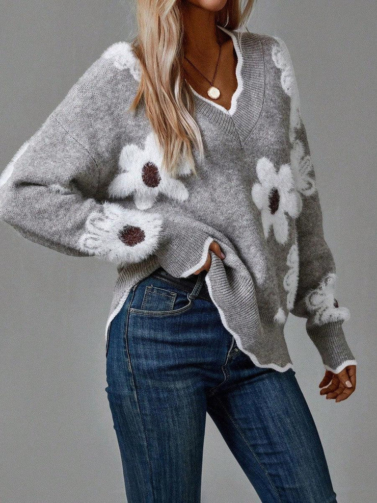 Karissa floral V-neck jumper in Grey