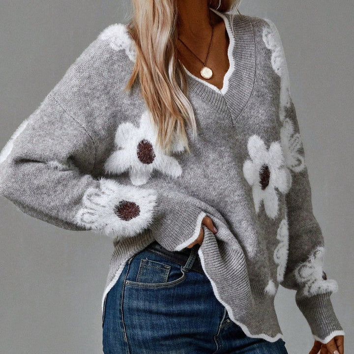 Karissa floral V-neck jumper in Grey