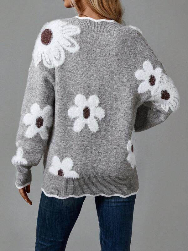Karissa floral V-neck jumper in Grey