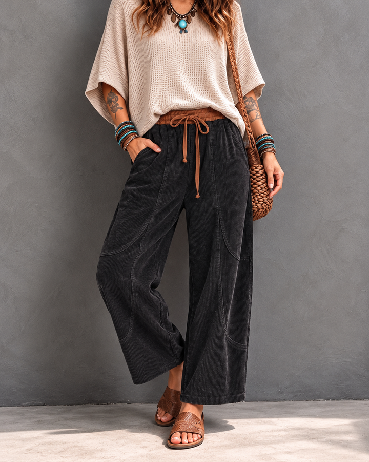 Marae corduroy trousers with elastic waist in Black