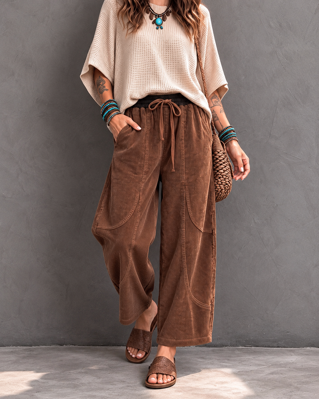Marae corduroy trousers with elastic waist in Coffee Brown
