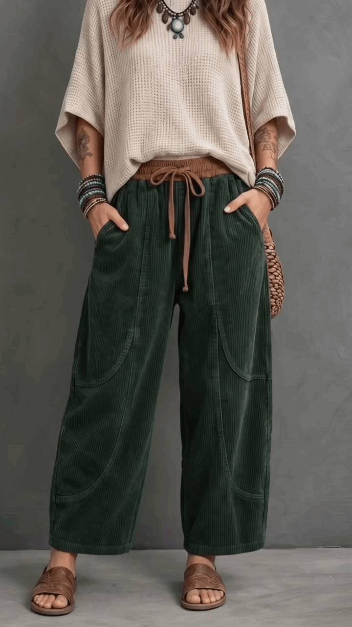 Marae corduroy trousers with elastic waist in Dark Green