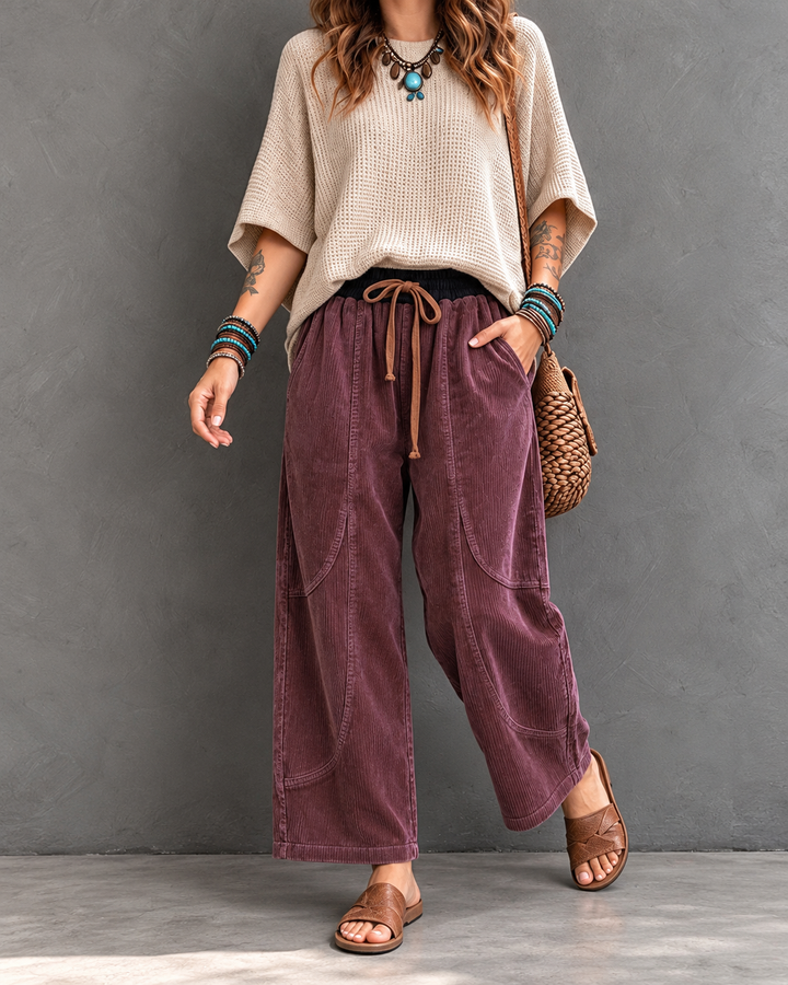 Marae corduroy trousers with elastic waist in Plum
