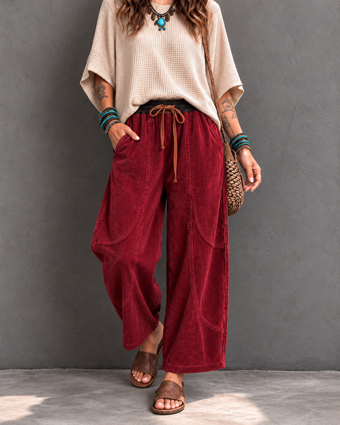 Marae corduroy trousers with elastic waist in Red