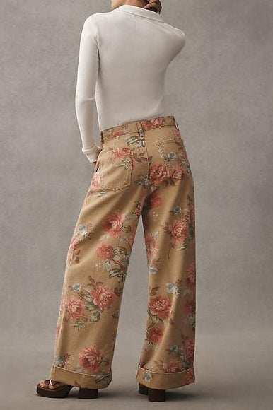 Pantalon large à taille haute floral décontracté