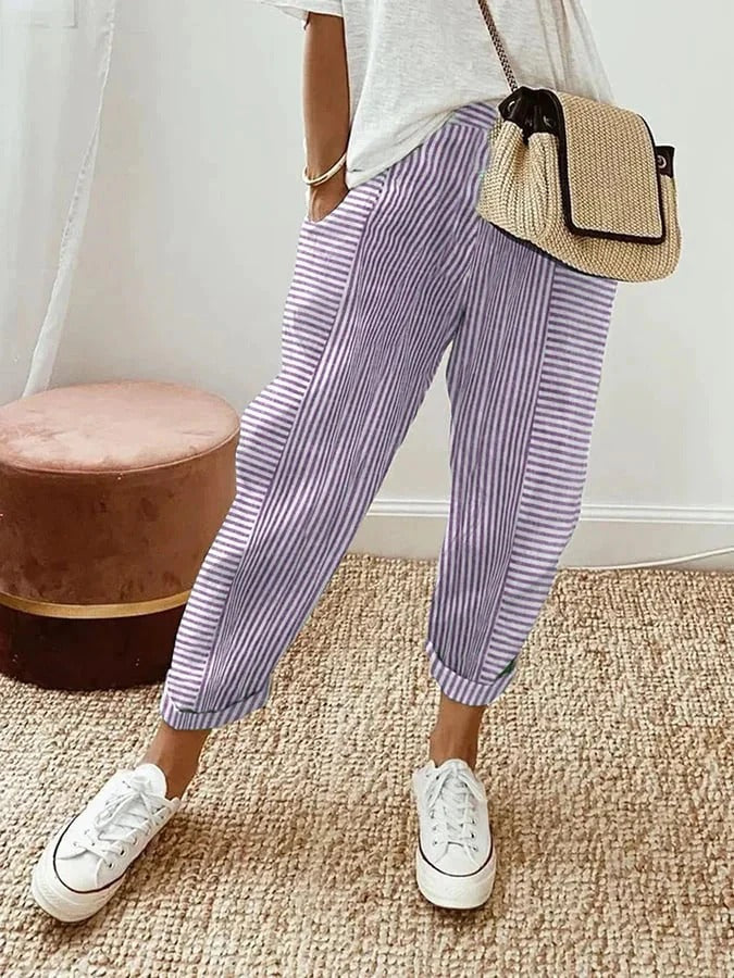 Pantalons Femme Décontractés Rayés Coupe Relaxée Longueur Cheville avec Ourlets
