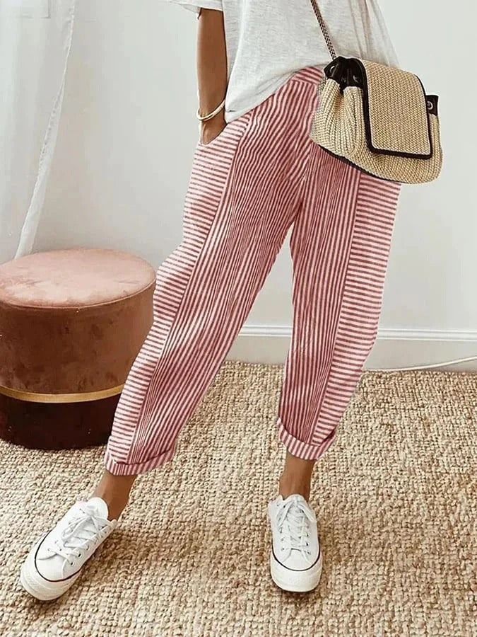 Pantalons Femme Décontractés Rayés Coupe Relaxée Longueur Cheville avec Ourlets