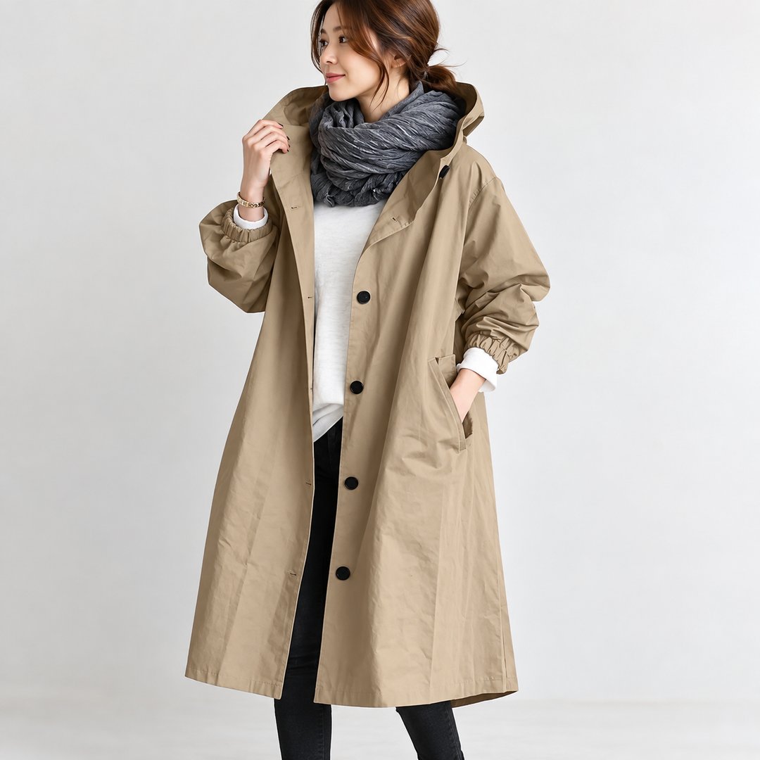 Wendy long hooded trench coat in Khaki