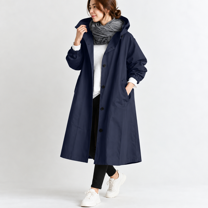 Wendy long hooded trench coat in Navy
