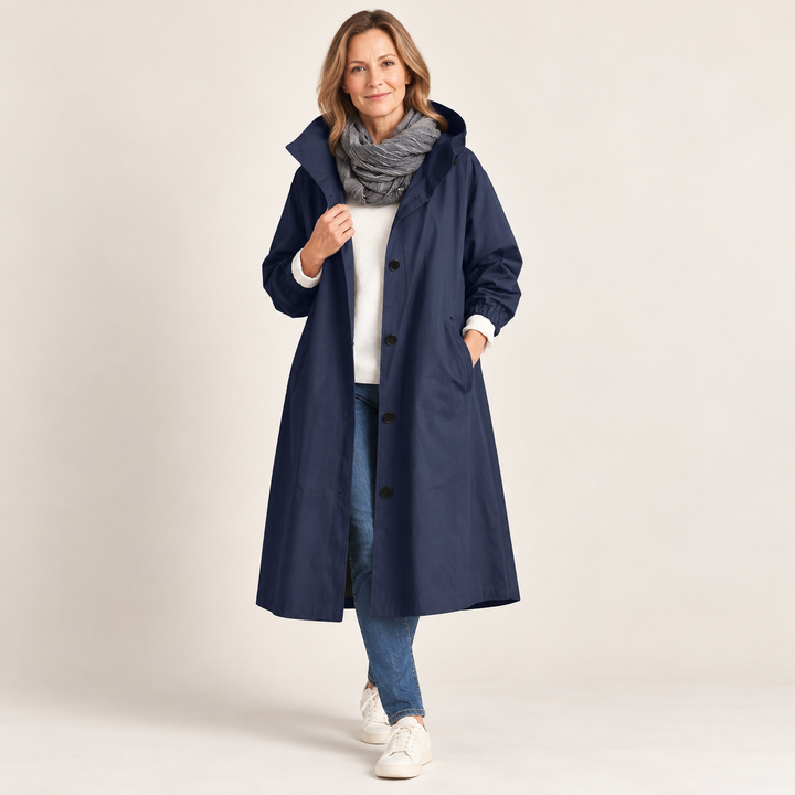 Wendy long hooded trench coat in Navy
