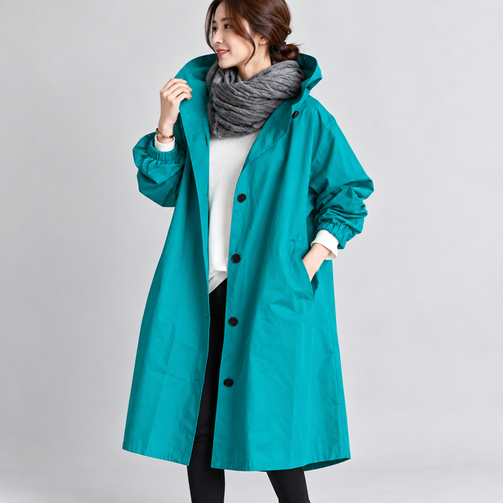 Wendy long hooded trench coat in Peacock Blue