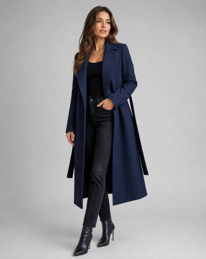 Josie belted long lapel coat in Navy