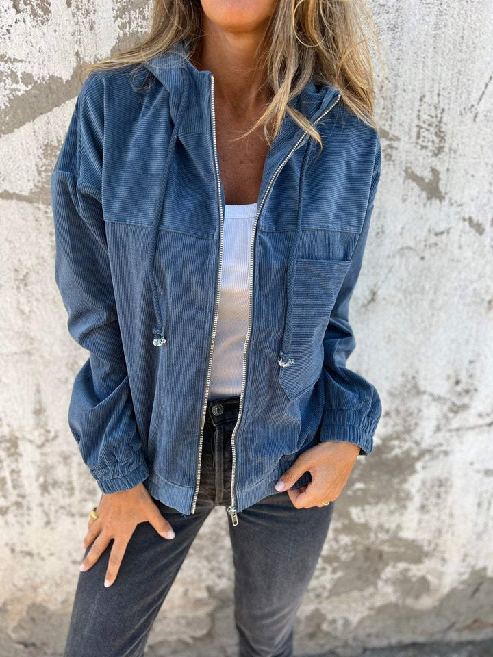 Lauren ribbed zip-up hooded jacket in Blue