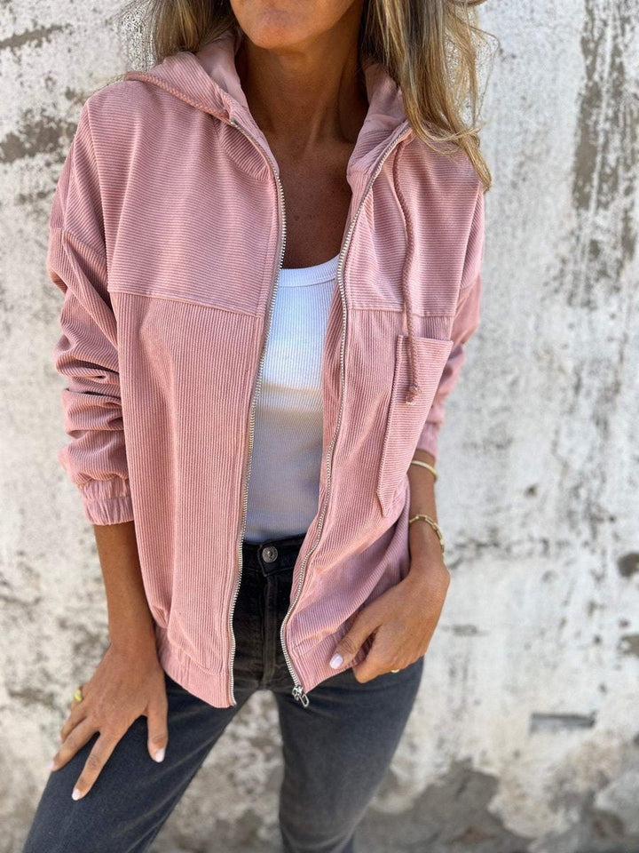 Lauren ribbed zip-up hooded jacket in Pink