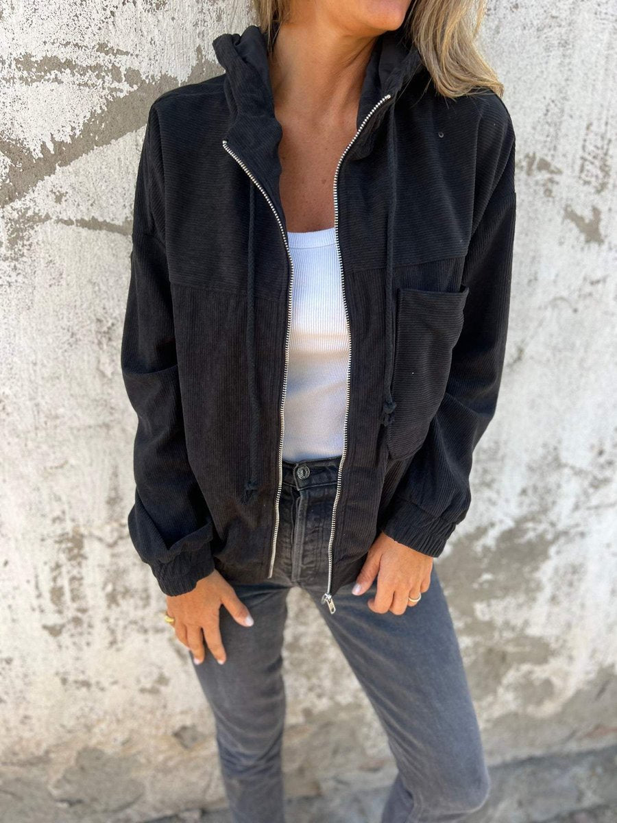 Lauren ribbed zip-up hooded jacket in Black