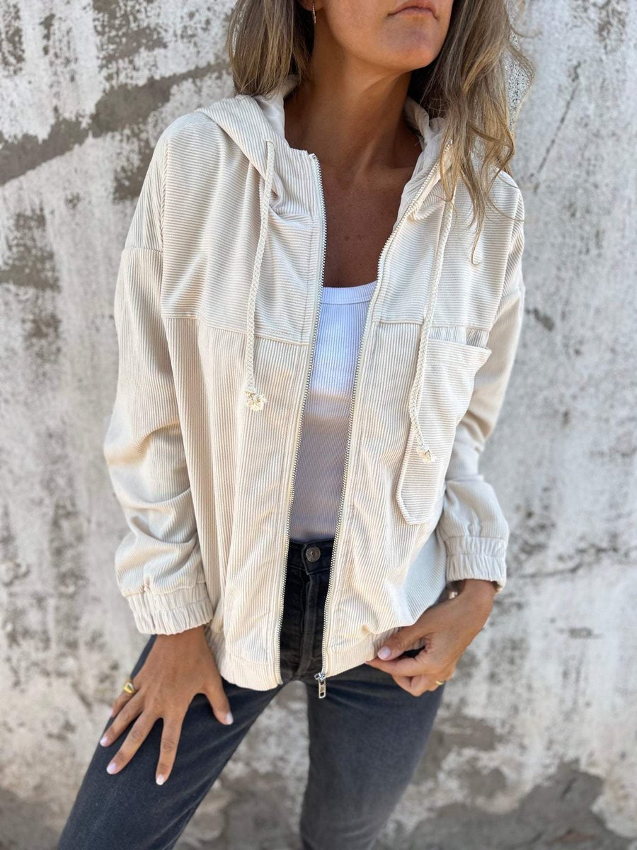 Lauren ribbed zip-up hooded jacket in White