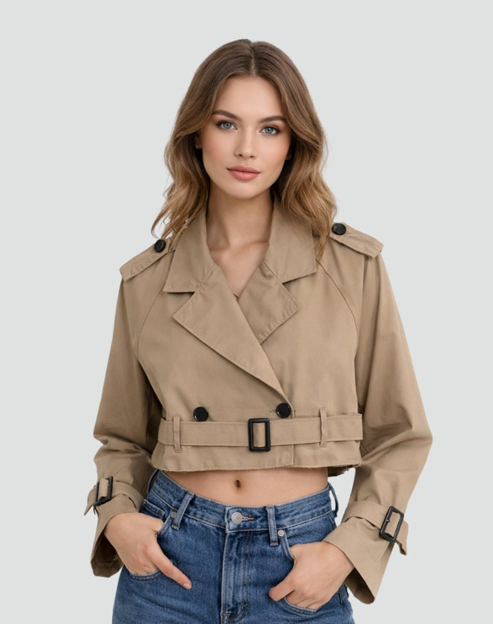 Juliana cropped belted trench coat in Brown