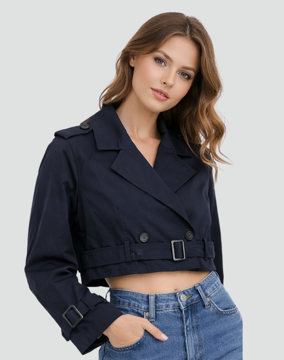 Juliana cropped belted trench coat in Navy Blue