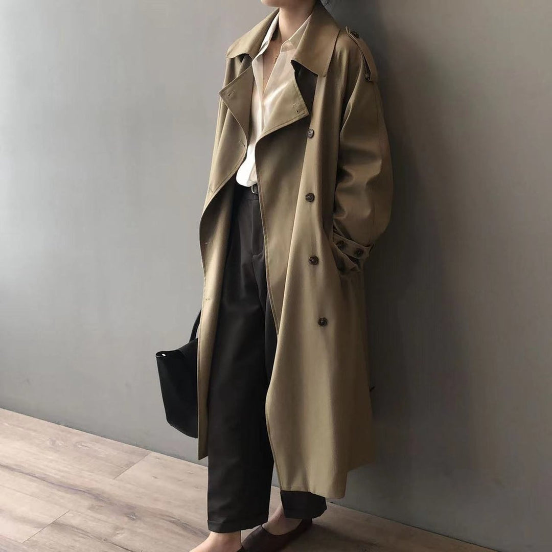 Katherine double-breasted belted long trench coat in Khaki