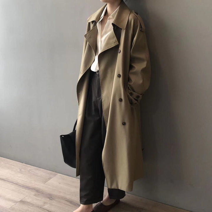 Katherine double-breasted belted long trench coat in Khaki