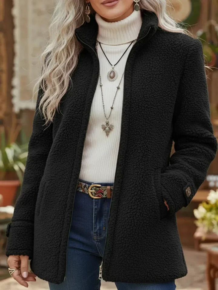 Patricia plush stand-collar zip coat in Black
