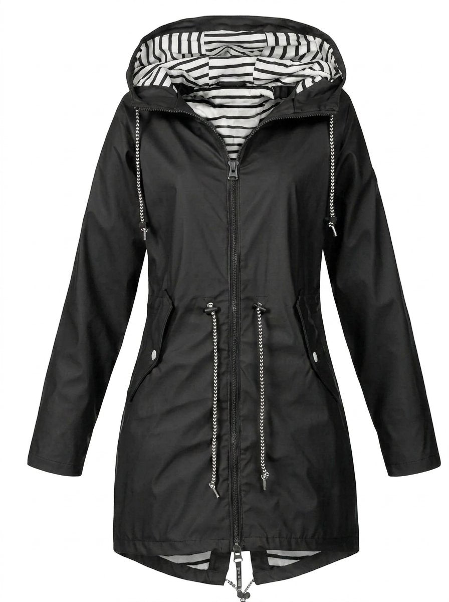 Margaret hooded drawstring rain coat in Black