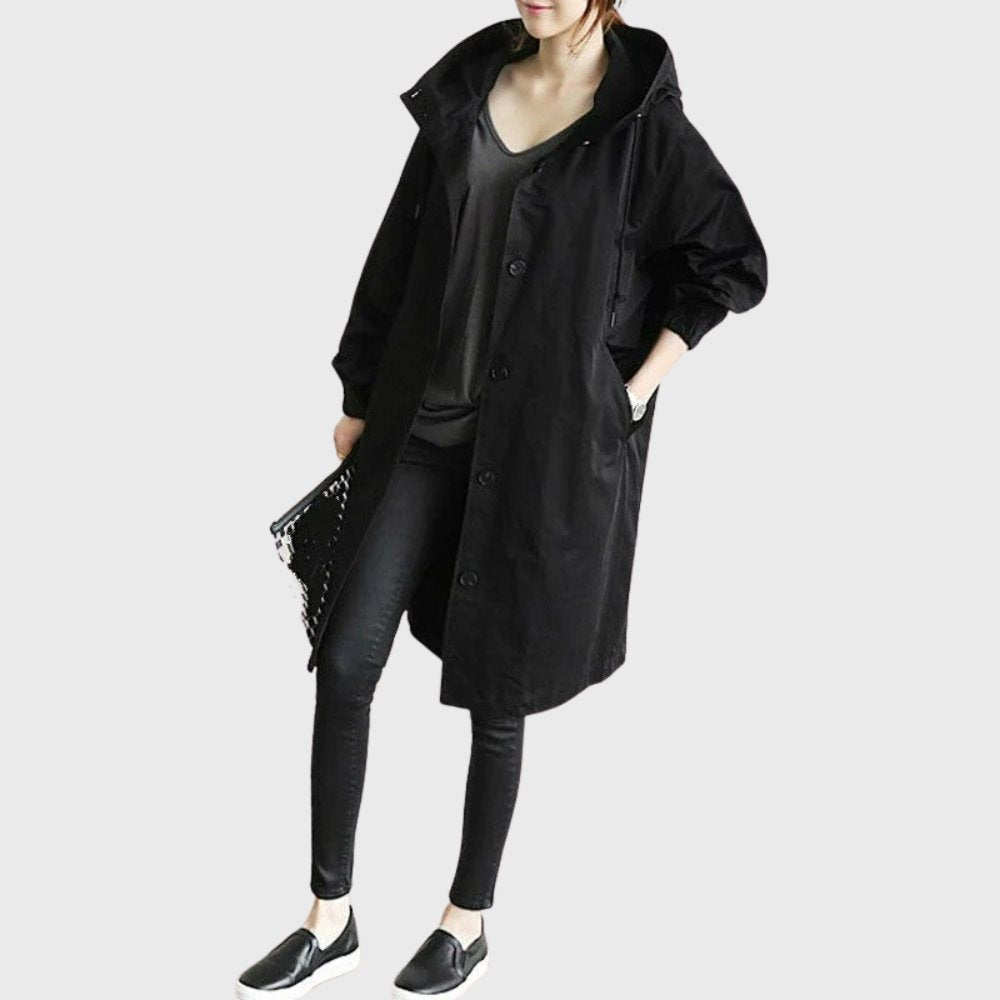 Ruth hooded relaxed-fit long trench coat in Black