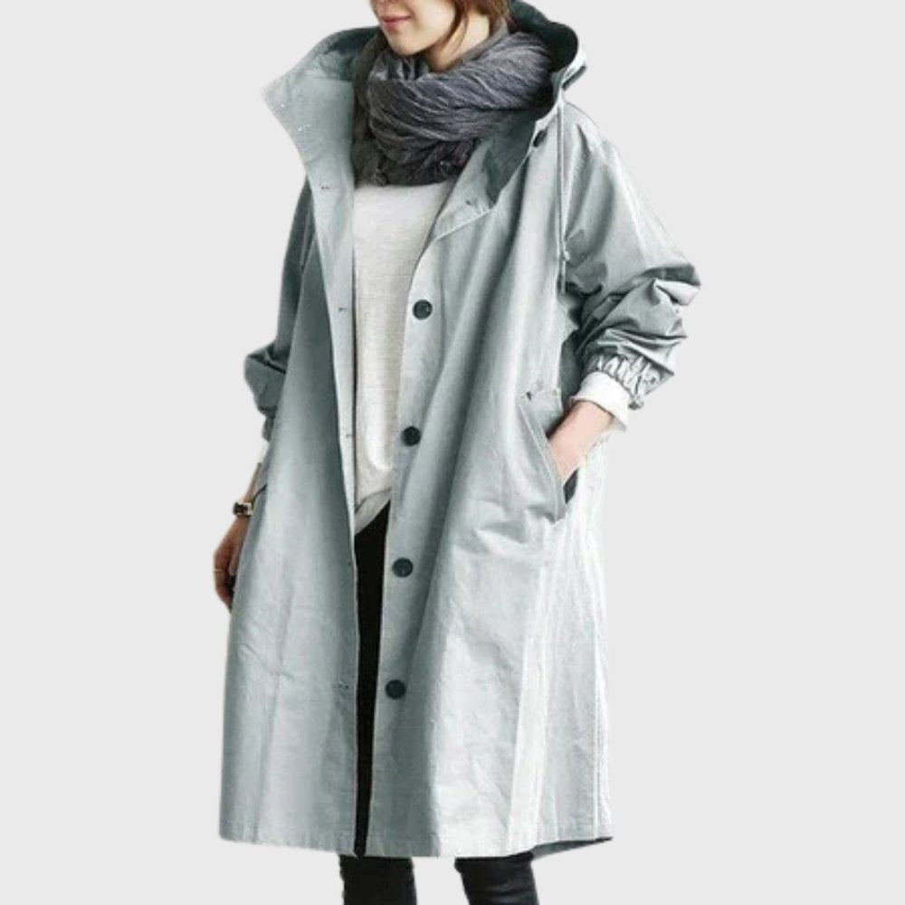 Ruth hooded relaxed-fit long trench coat in Light Blue