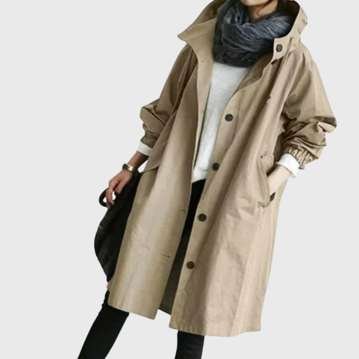 Ruth hooded relaxed-fit long trench coat in Brown