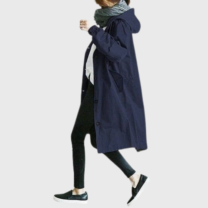 Ruth hooded relaxed-fit long trench coat in Blue