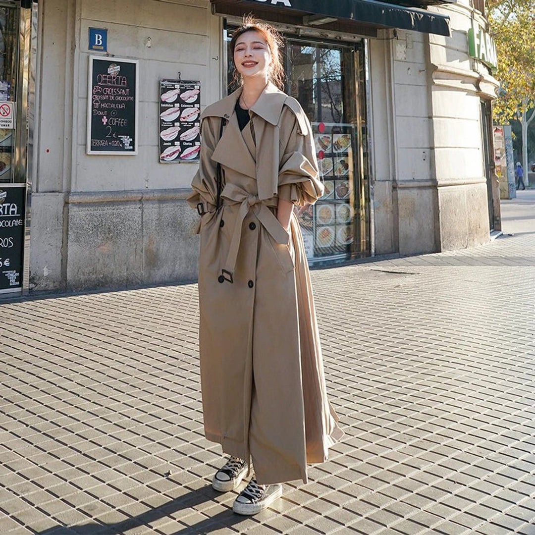Lena oversized double-breasted long trench coat in Khaki