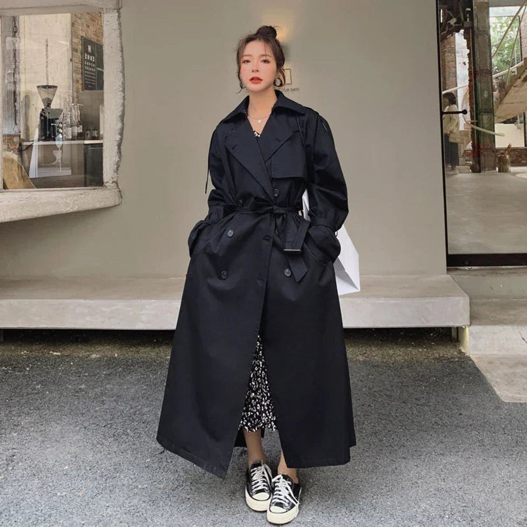 Lena oversized double-breasted long trench coat in Black
