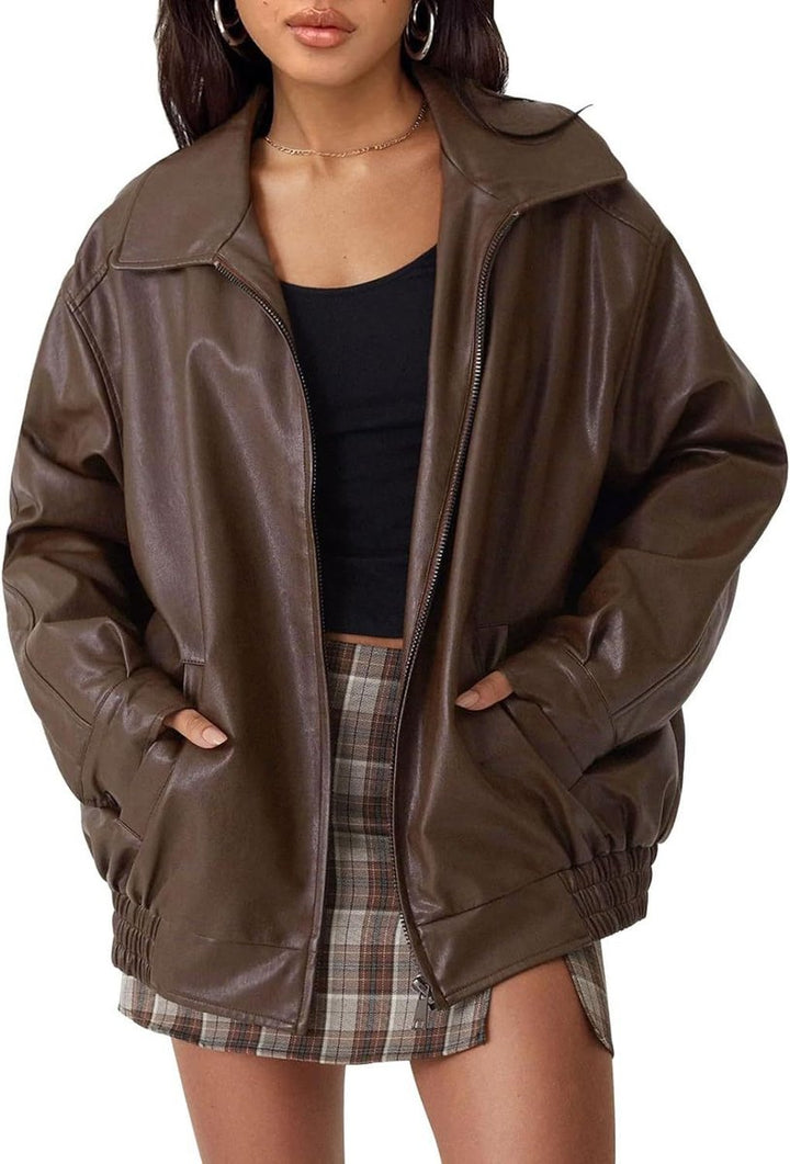 Nicola relaxed zip-up bomber jacket in Dark Brown