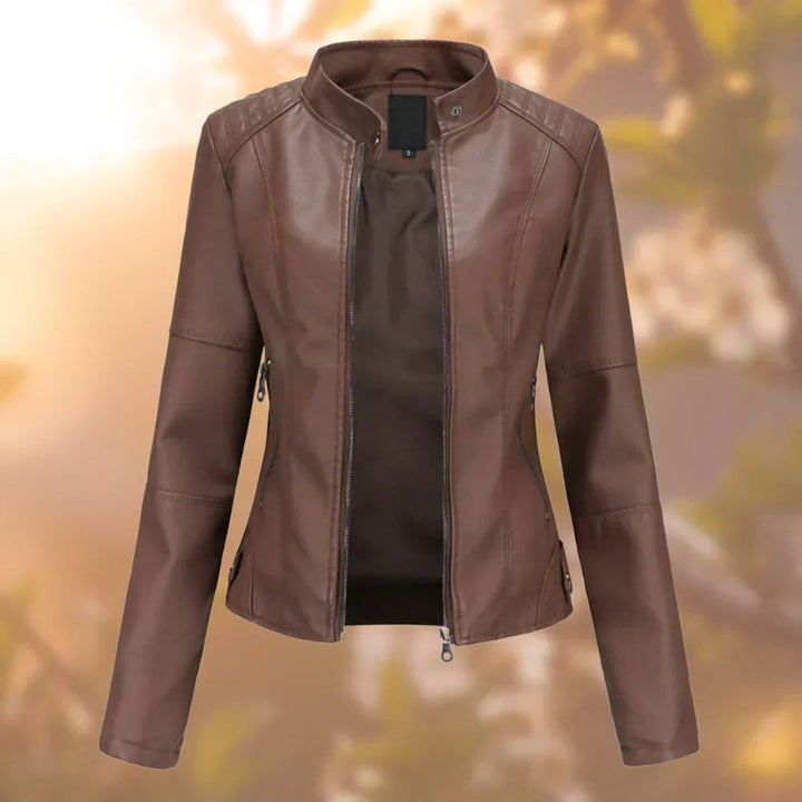 Larissa slim-fit zip-up moto jacket in Dark Brown