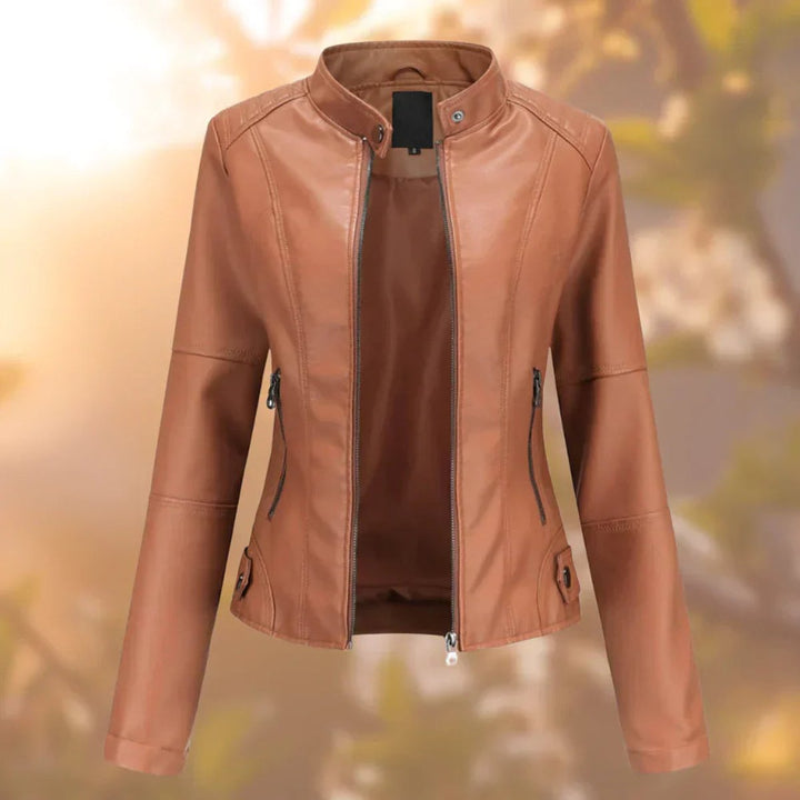 Larissa slim-fit zip-up moto jacket in Brown
