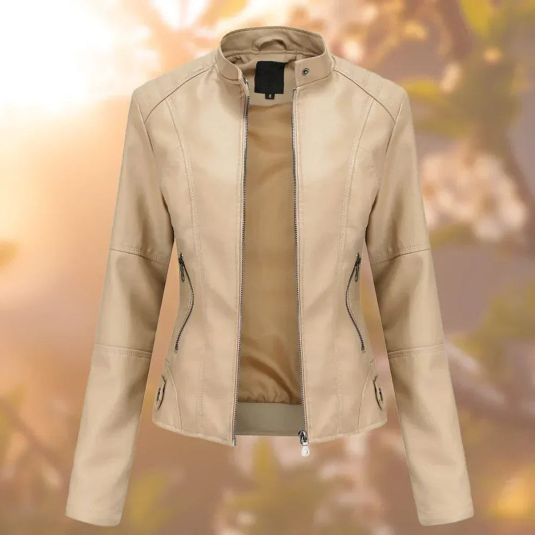 Larissa slim-fit zip-up moto jacket in Beige