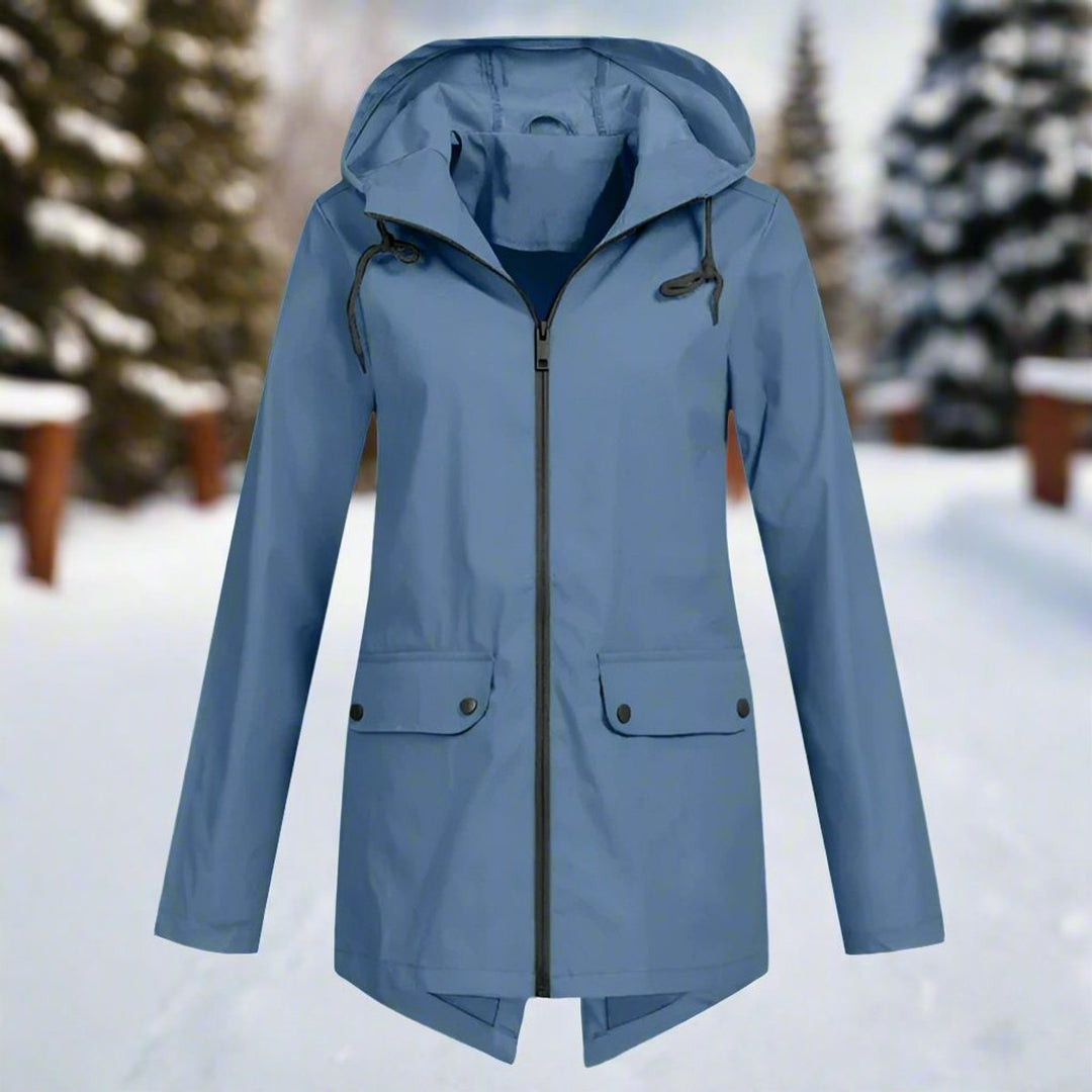 Lorraine hooded longline rain jacket in Blue