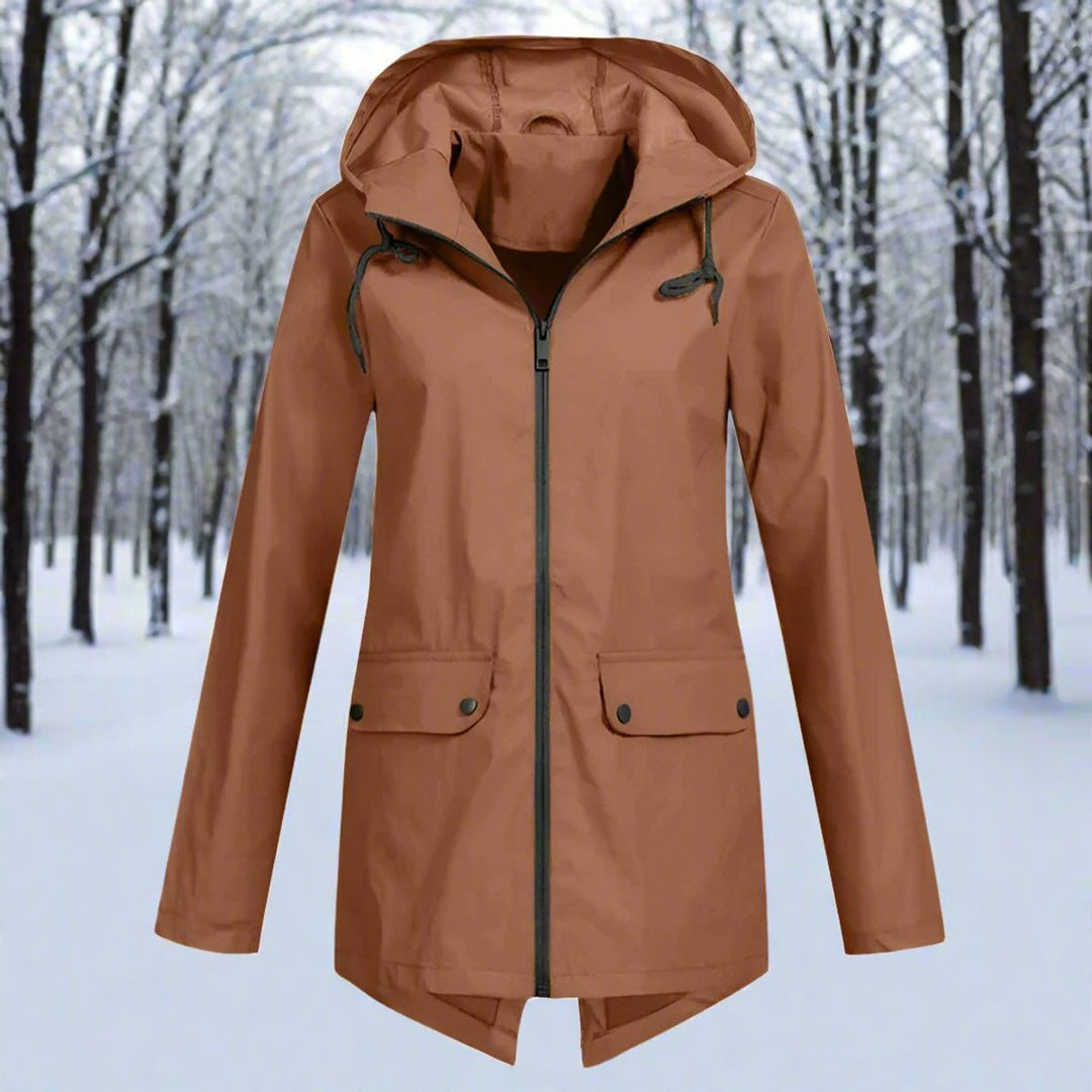 Lorraine hooded longline rain jacket in Coffee